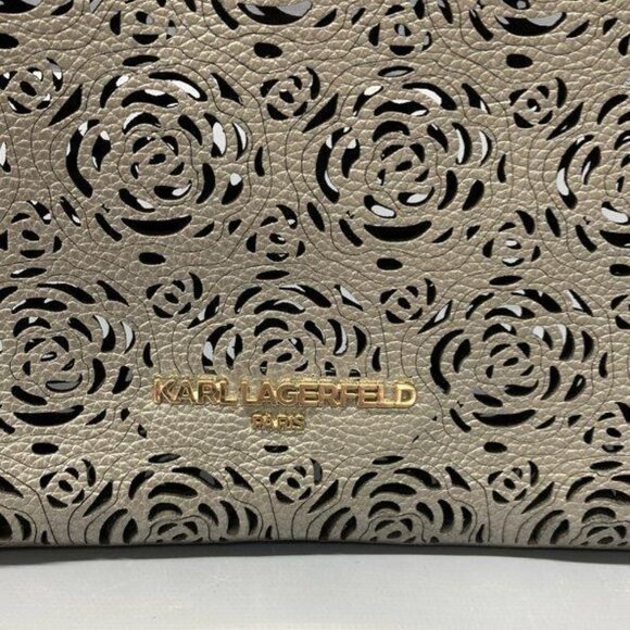 NEW Karl Lagerfeld Metallic Rose Perforated Zip Clutch with Tassel - Picture 3 of 10